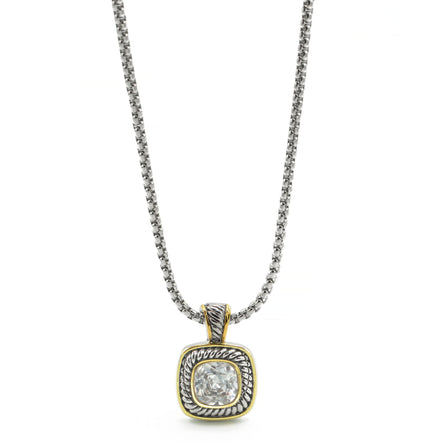 TWO-TONE CLEAR CRYSTAL SQUARE PENDANT BOX CHAIN NECKLACE #73014EH-CL(FE11)