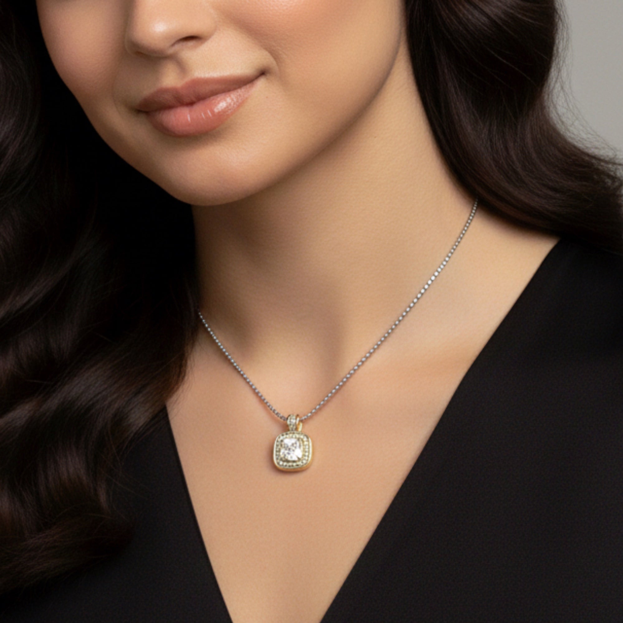 TWO-TONE CLEAR CRYSTAL SQUARE PENDANT BOX CHAIN NECKLACE #73014EH-CL(FE11)