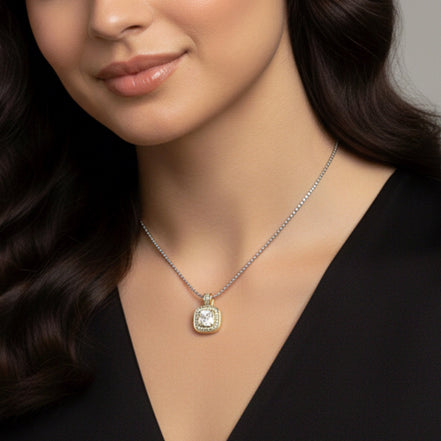 TWO-TONE CLEAR CRYSTAL SQUARE PENDANT BOX CHAIN NECKLACE #73014EH-CL(FE11)