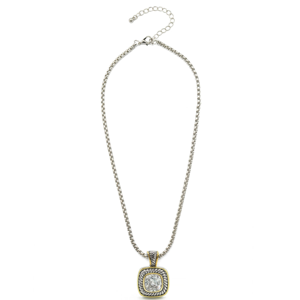 TWO-TONE CLEAR CRYSTAL SQUARE PENDANT BOX CHAIN NECKLACE #73014EH-CL(FE11)