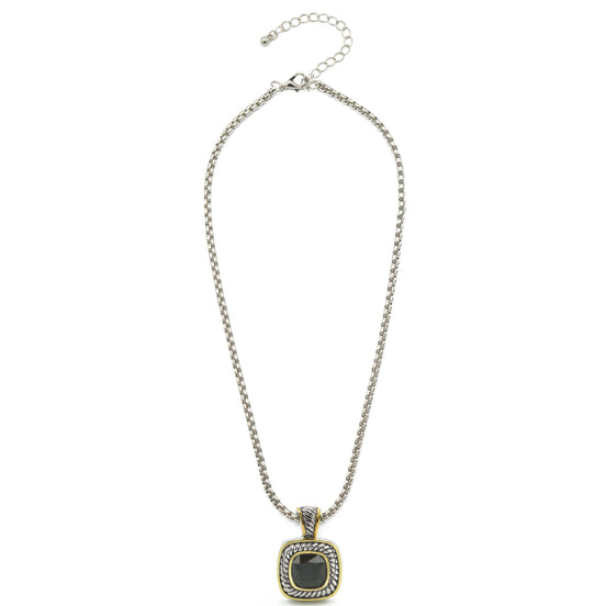 TWO TONE JET CRYSTAL SQUARE PENDANT BOX CHAIN NECKLACE  #73014 EH–JET(FF10)