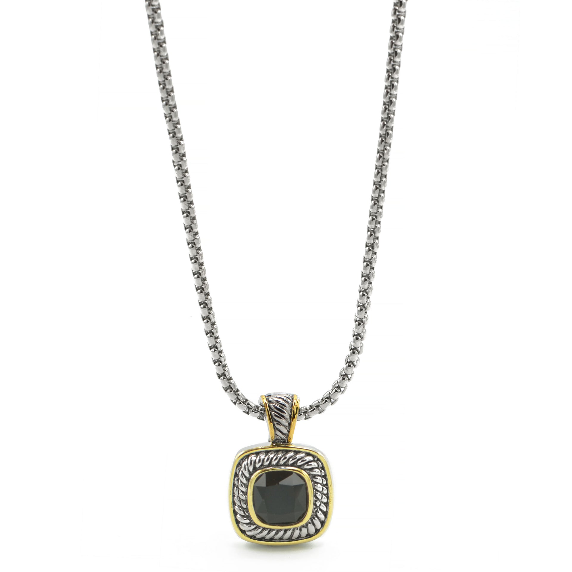 TWO TONE JET CRYSTAL SQUARE PENDANT BOX CHAIN NECKLACE  #73014 EH–JET(FF10)