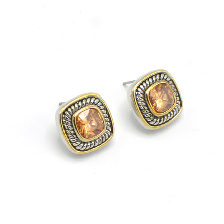 TWO TONE CHAMPAGNE CRYSTAL SQUARE EARRINGS SET #73014ER-CHA (FC10)