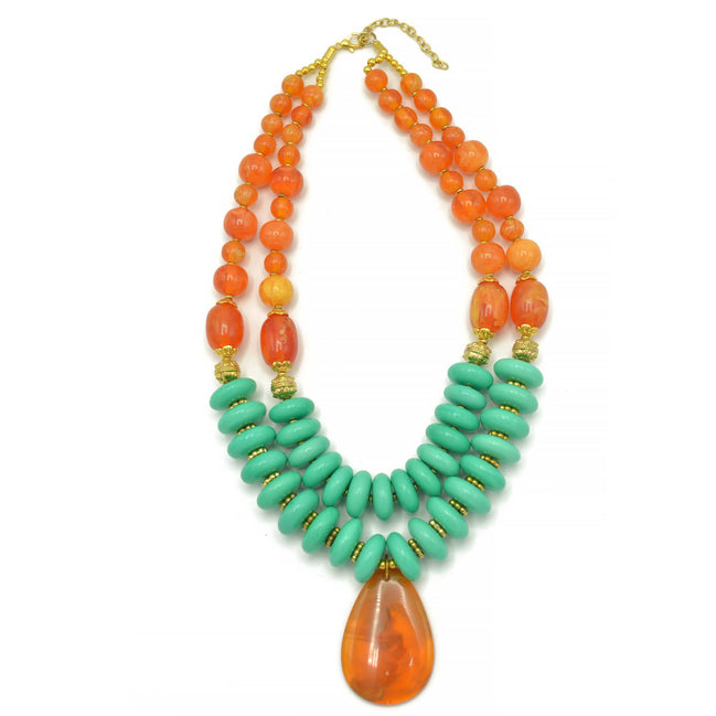 GOLD TURQUOISE AND ORANGE BEADS TEARDROP PENDANT NECKLACE #FWNK-1803-124