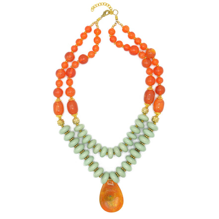 GOLD TURQUOISE AND ORANGE BEADS TEARDROP PENDANT NECKLACE #FWNK-1803-124