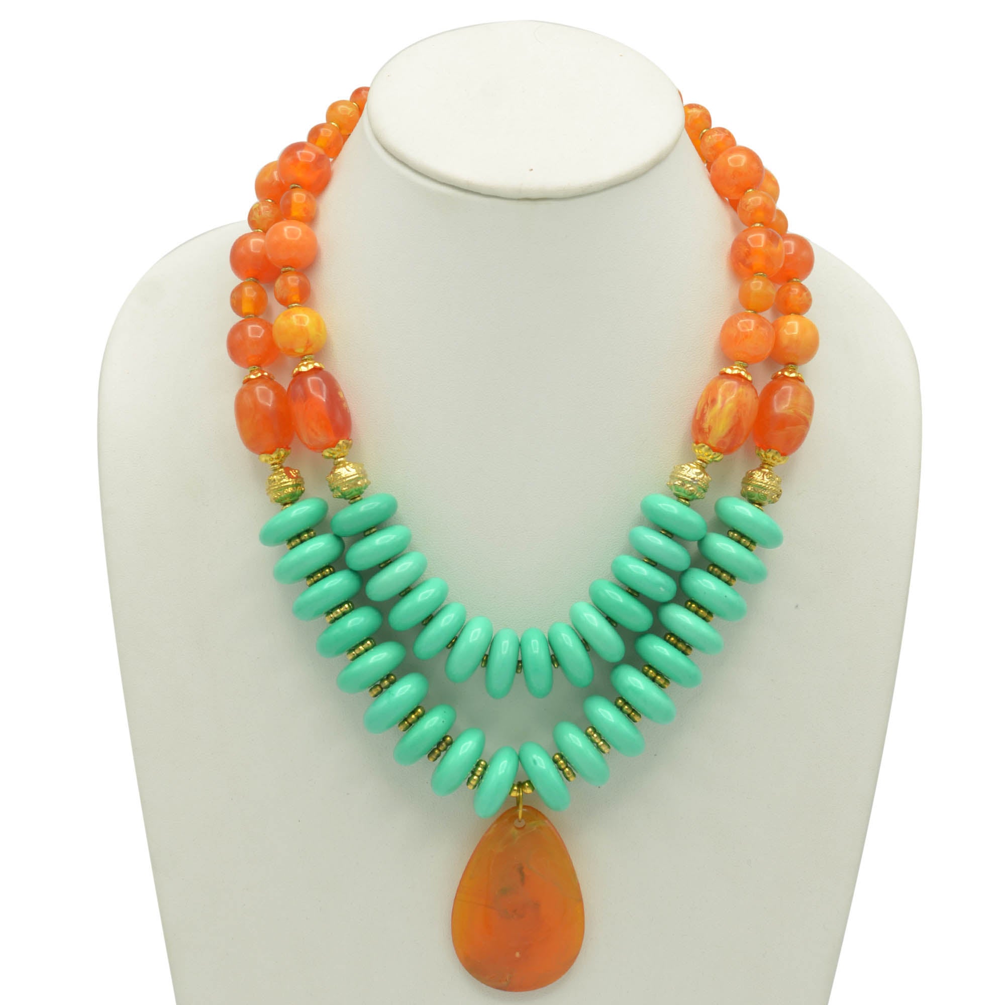 GOLD TURQUOISE AND ORANGE BEADS TEARDROP PENDANT NECKLACE #FWNK-1803-124