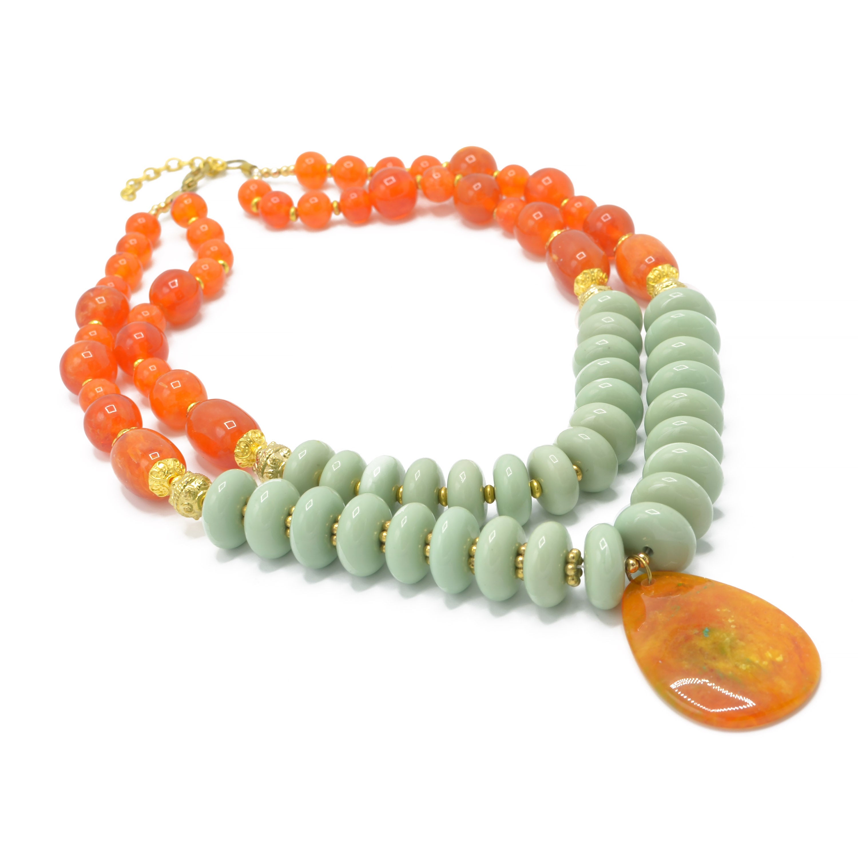 GOLD TURQUOISE AND ORANGE BEADS TEARDROP PENDANT NECKLACE #FWNK-1803-124