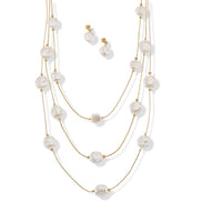Gold Three row pearl necklace and earrings set #SQTDJ0004(NC12)