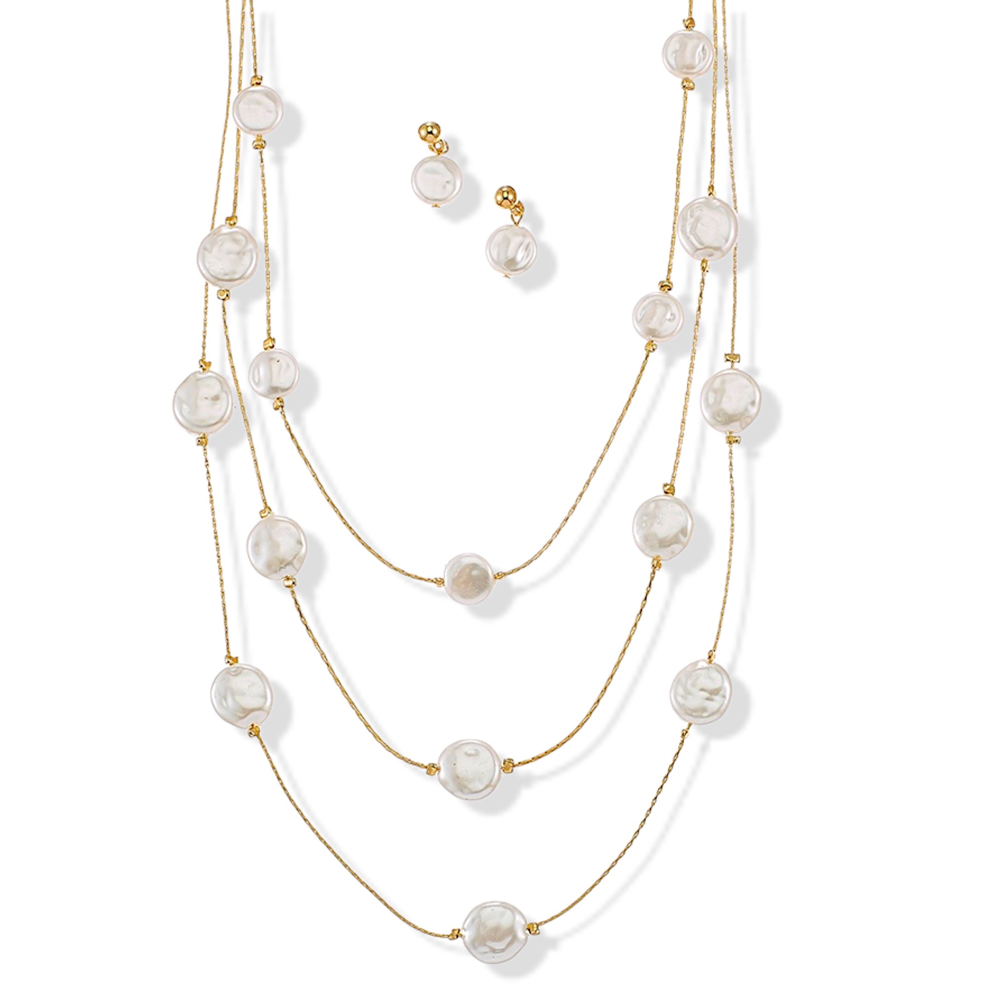 Gold Three row pearl necklace and earrings set #SQTDJ0004(NC12)