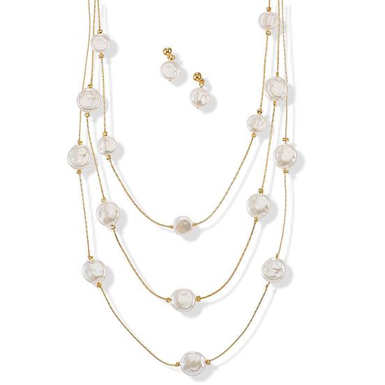 Gold Three row pearl necklace and earrings set #SQTDJ0004(NC12)