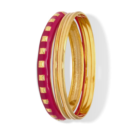 GOLD AND FUCHSIA ENAMEL 4 PCS BRACELET SET #FW-B1680 GFU (14Fl Showroom)