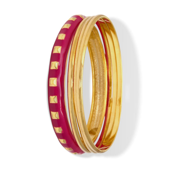 GOLD AND FUCHSIA ENAMEL 4 PCS BRACELET SET #FW-B1680 GFU (14Fl Showroom)