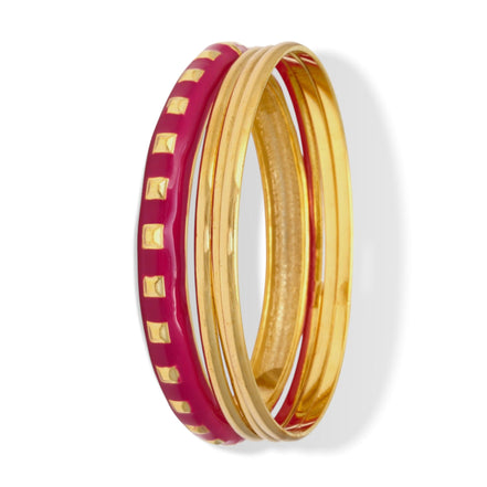 GOLD AND FUCHSIA ENAMEL 4 PCS BRACELET SET #FW-B1680 GFU (14Fl Showroom)