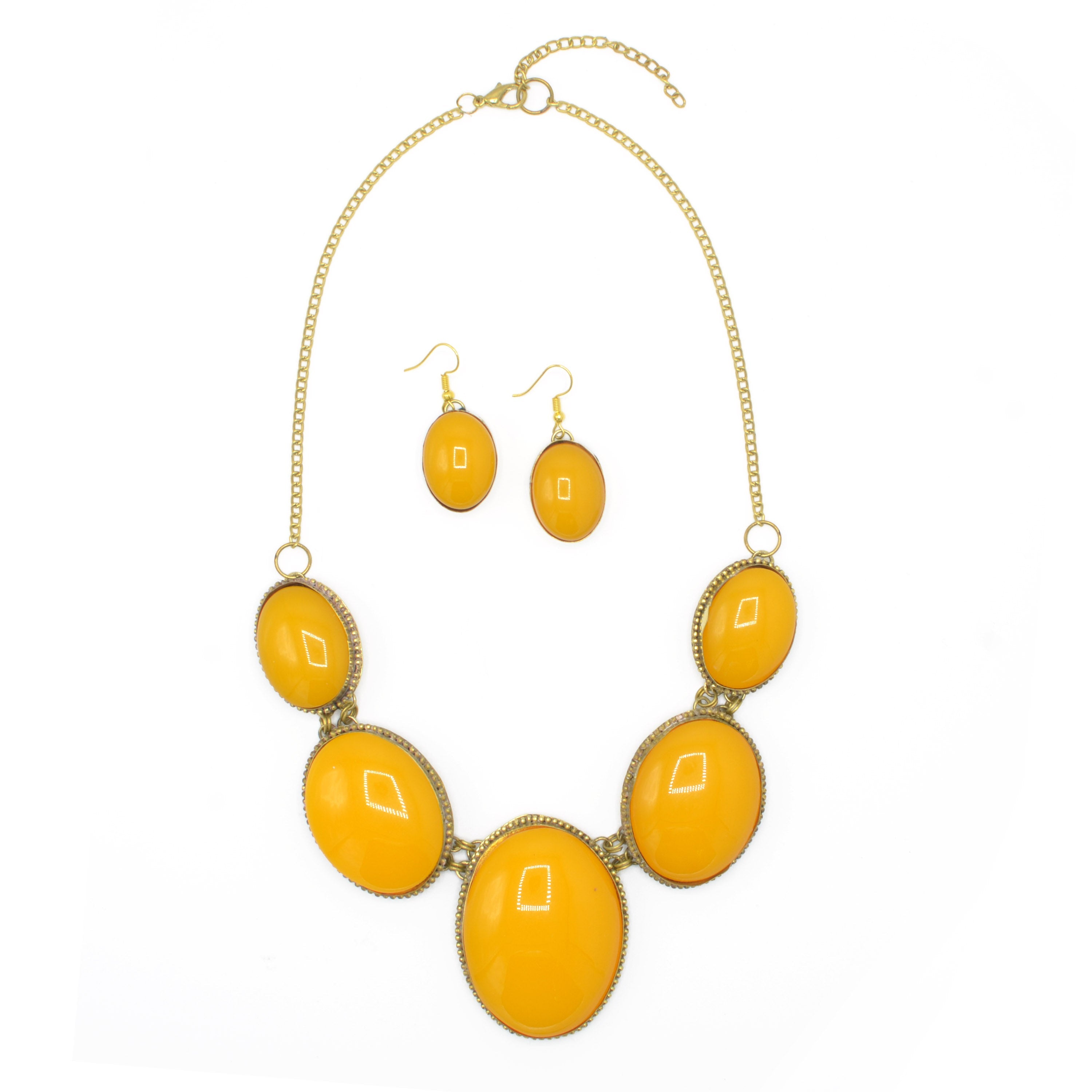 Orange Oval Resin Stone Gold Disc Necklace and Earrings Set#FWNK-1704-106(LC13/DB1)