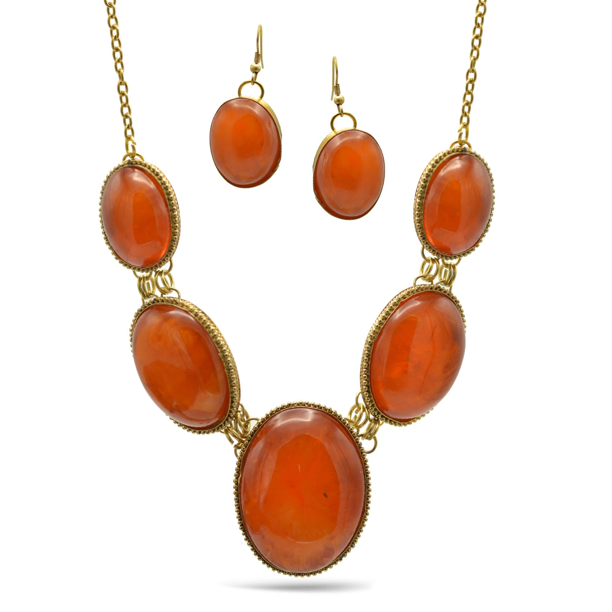 Orange Oval Resin Stone Gold Disc Necklace and Earrings Set#FWNK-1704-106(LC13/DB1)