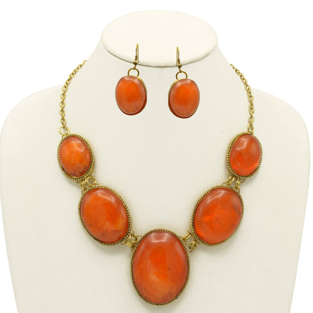 Orange Oval Resin Stone Gold Disc Necklace and Earrings Set#FWNK-1704-106(LC13/DB1)