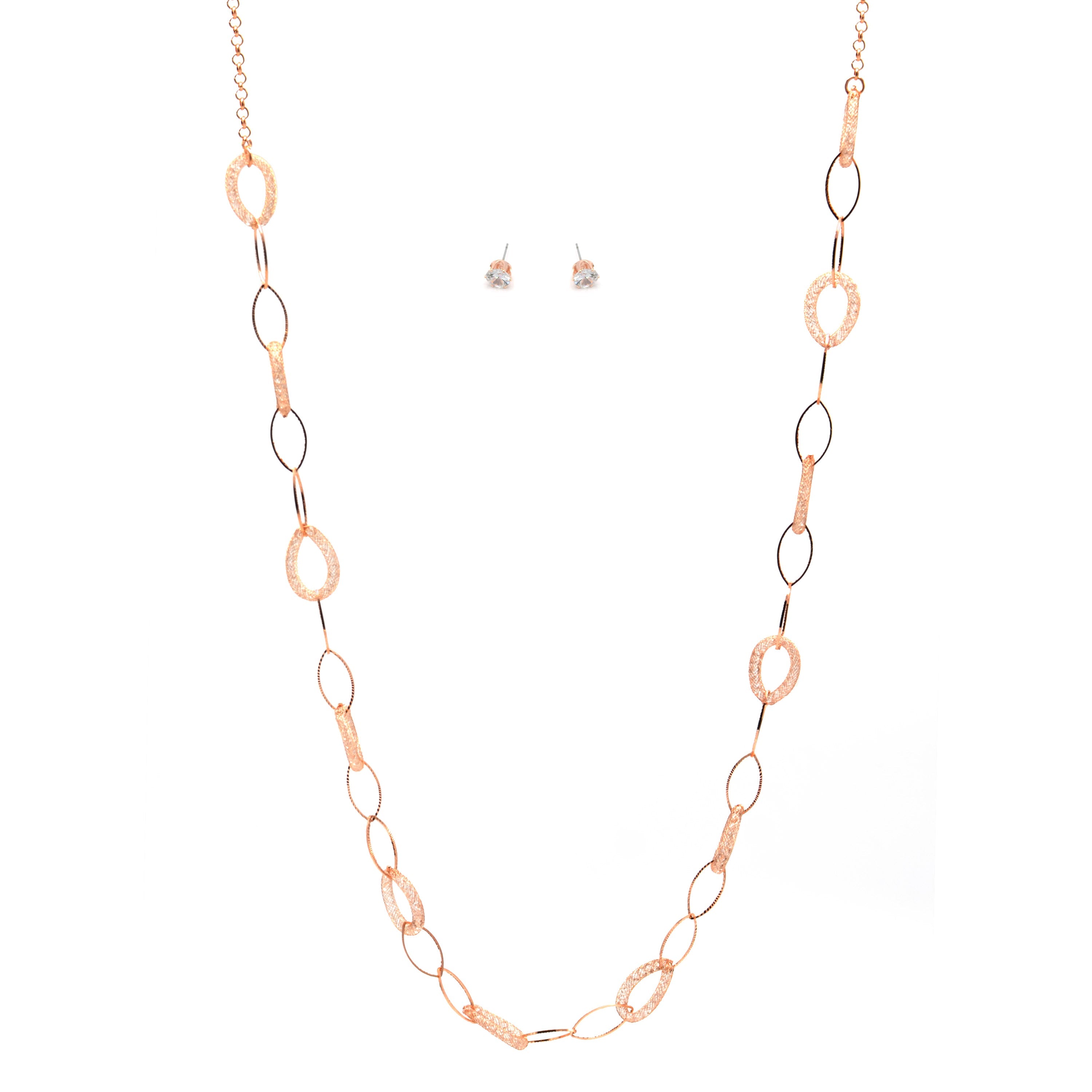 ROSE GOLD CRYSTAL WIRE MESH NET TUBE COLLECTION NECKLACE INSIDE CRYSTAL WIRE MESH EARRINGS AND NECKLACE SET#SWKK-8149RG (TA17/TB17)