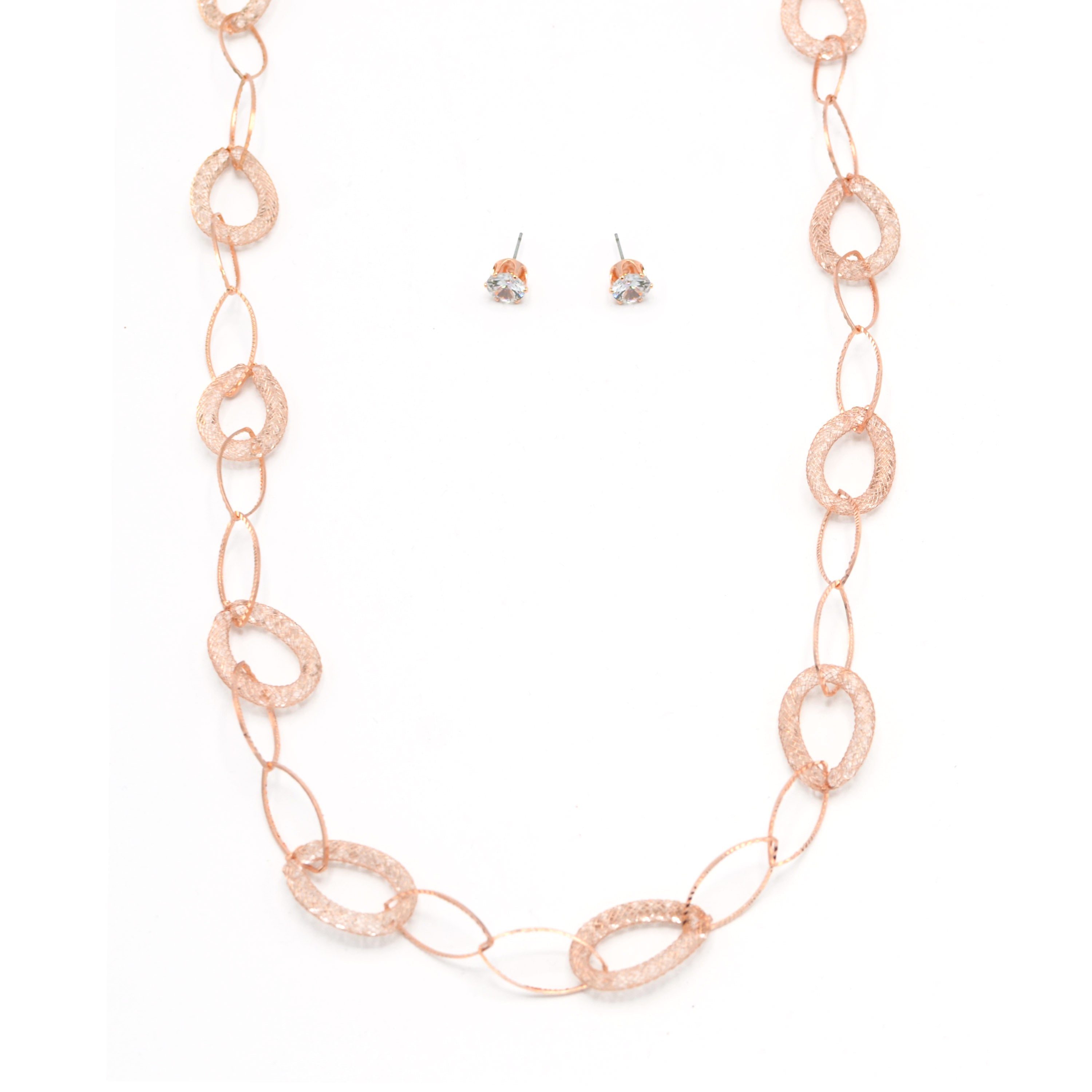 ROSE GOLD CRYSTAL WIRE MESH NET TUBE COLLECTION NECKLACE INSIDE CRYSTAL WIRE MESH EARRINGS AND NECKLACE SET#SWKK-8149RG (TA17/TB17)