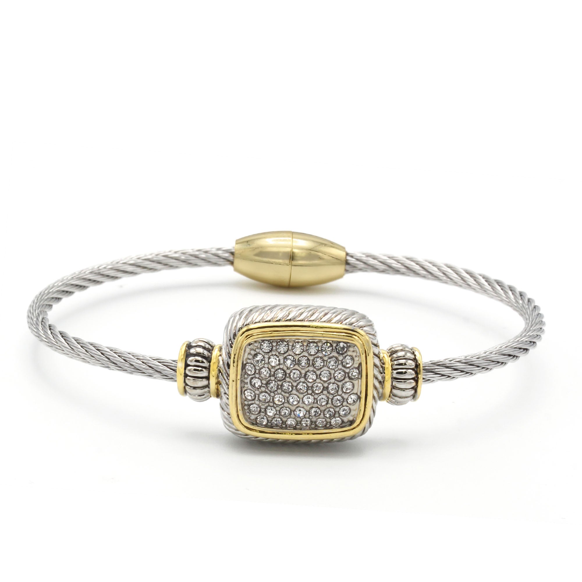 Two-Tone Pavé Crystal Engraved Classic Cable Bracelet#12506BRTT (FC12)