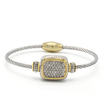 Two-Tone Pavé Crystal Engraved Classic Cable Bracelet#12506BRTT (FC12)