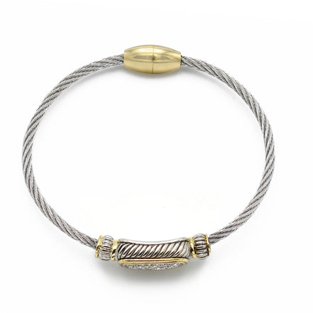 Two-Tone Pavé Crystal Engraved Classic Cable Bracelet#12506BRTT (FC12)