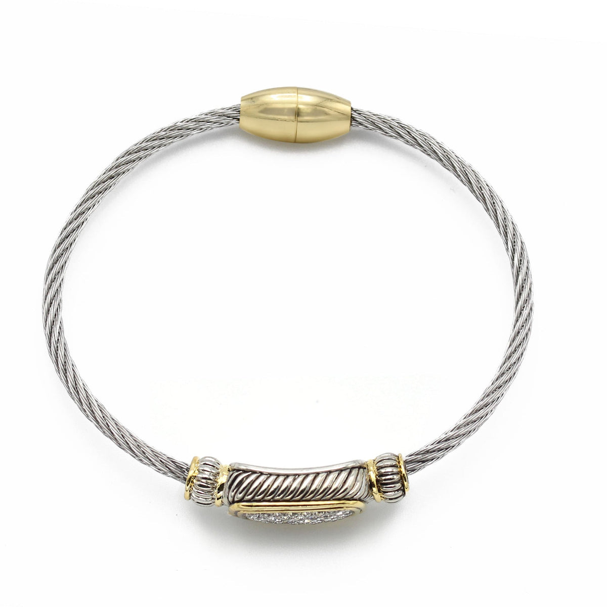 Two-Tone Pavé Crystal Engraved Classic Cable Bracelet#12506BRTT (FC12)