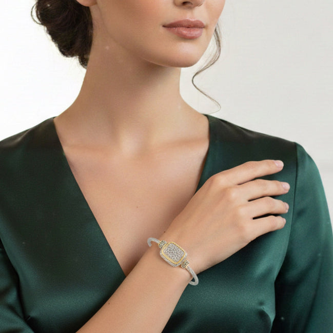 Two-Tone Pavé Crystal Engraved Classic Cable Bracelet#12506BRTT (FC12)