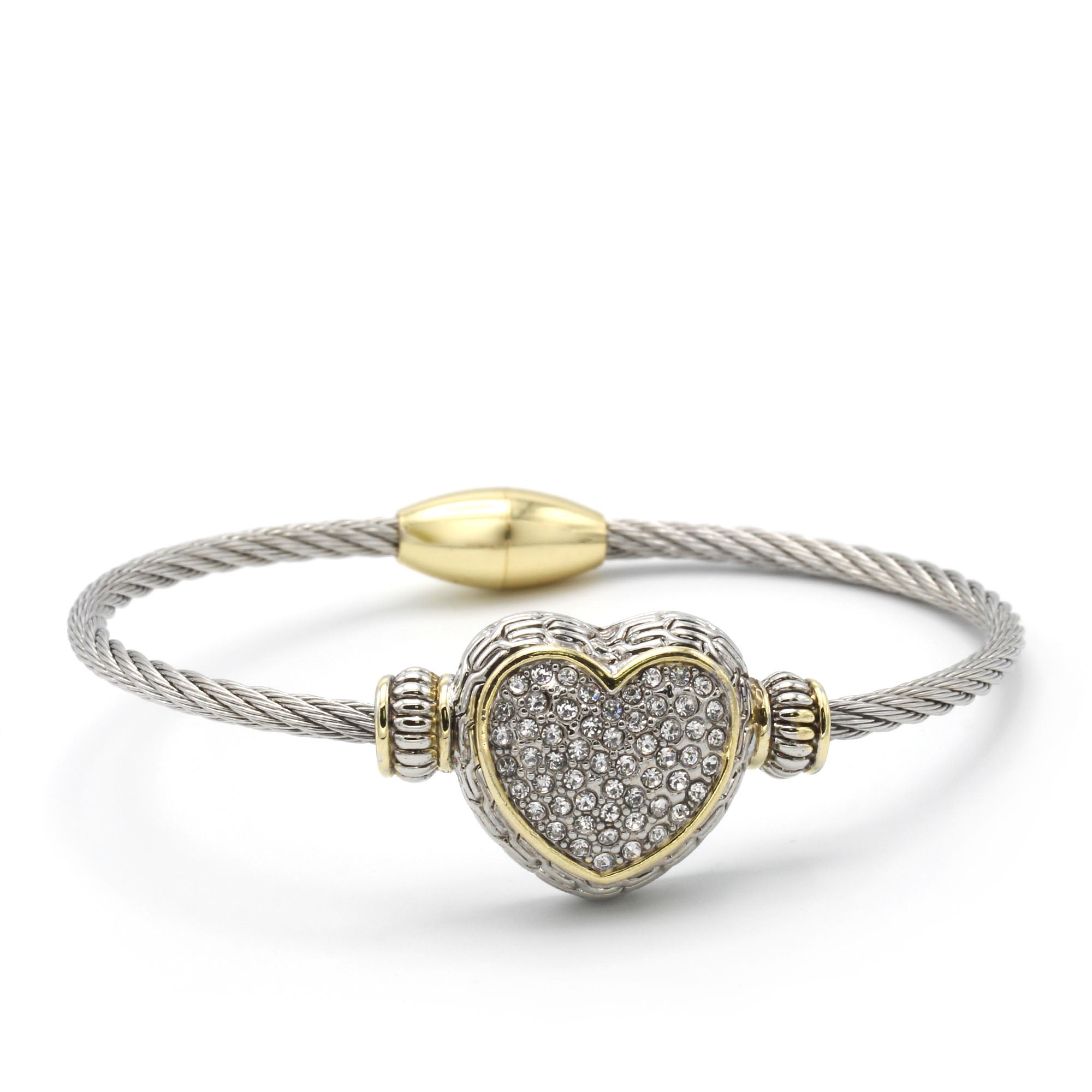 Designer-Style Heart Cable Bracelet Bangle – Two-Tone Gold & Silver Finish with Magnetic Clasp#4652BR (FA15)
