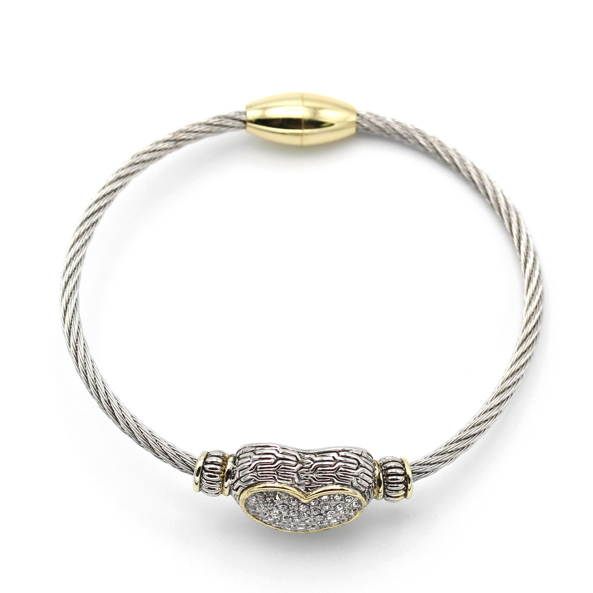 Designer-Style Heart Cable Bracelet Bangle – Two-Tone Gold & Silver Finish with Magnetic Clasp#4652BR (FA15)