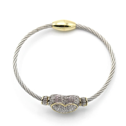 Designer-Style Heart Cable Bracelet Bangle – Two-Tone Gold & Silver Finish with Magnetic Clasp#4652BR (FA15)