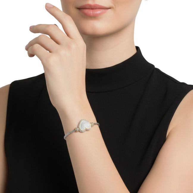 Designer-Style Heart Cable Bracelet Bangle – Two-Tone Gold & Silver Finish with Magnetic Clasp#4652BR (FA15)