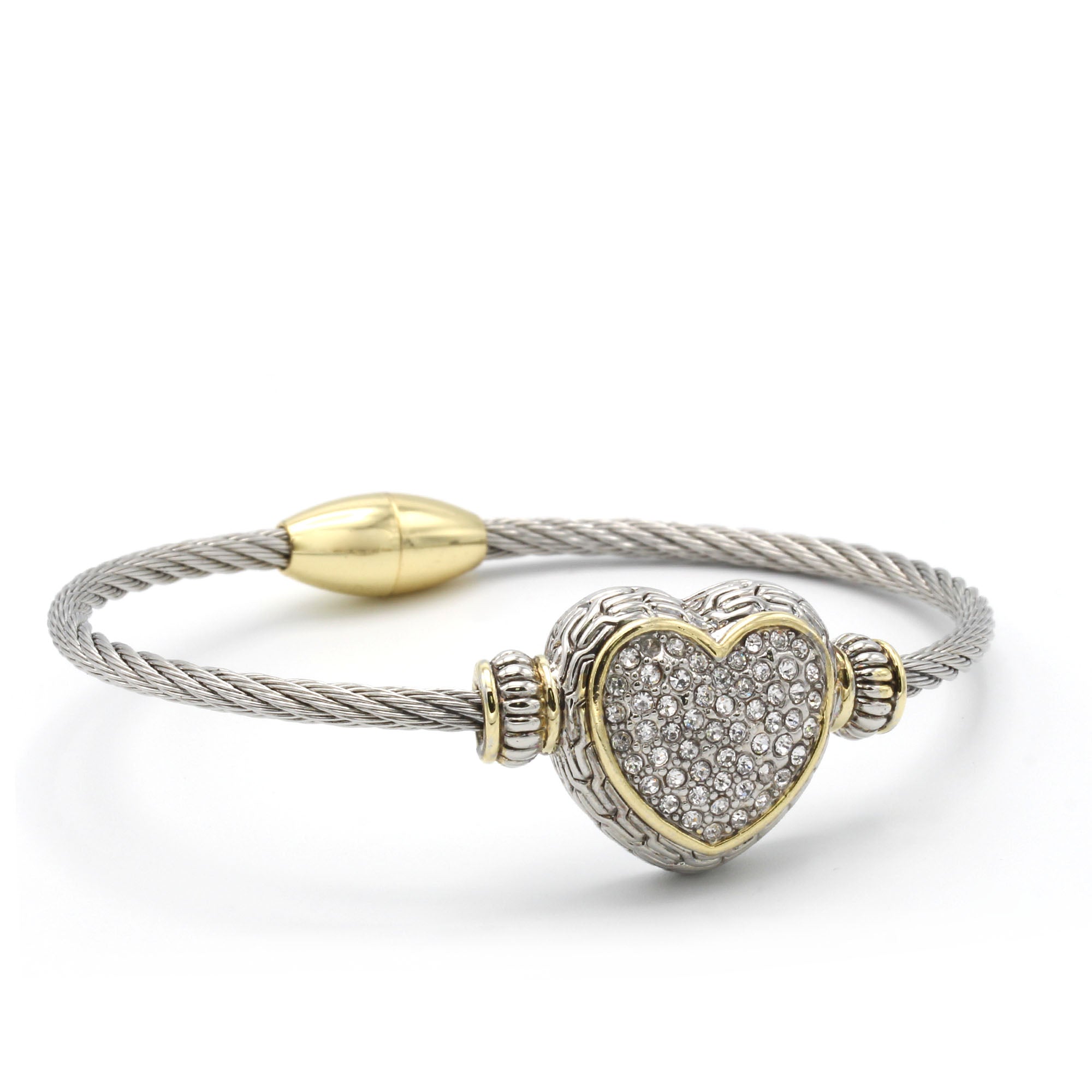 Designer-Style Heart Cable Bracelet Bangle – Two-Tone Gold & Silver Finish with Magnetic Clasp#4652BR (FA15)