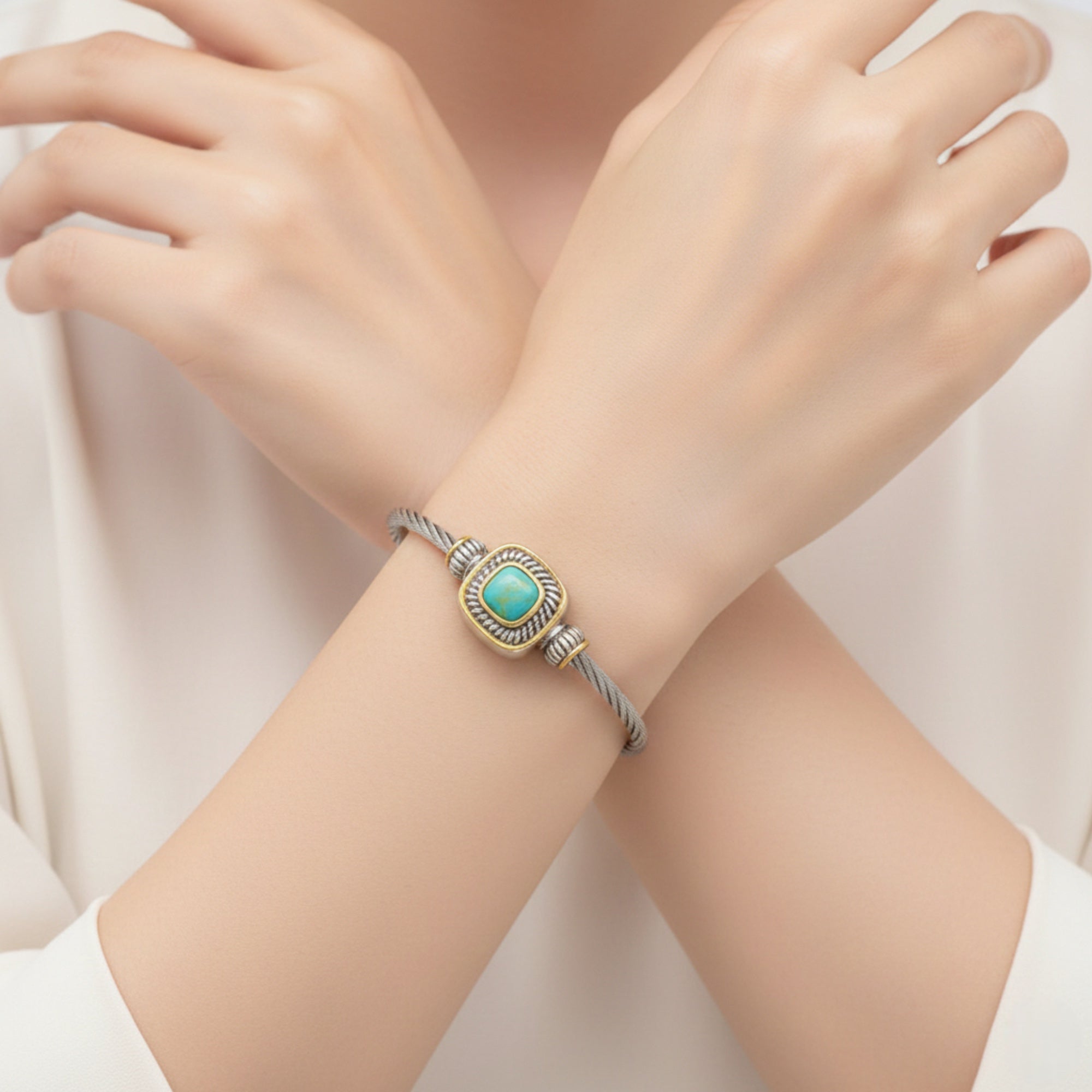 Two Tone Turquoise Classic Cable Magnetic Bracelet #73014BRTURQ (FH13)