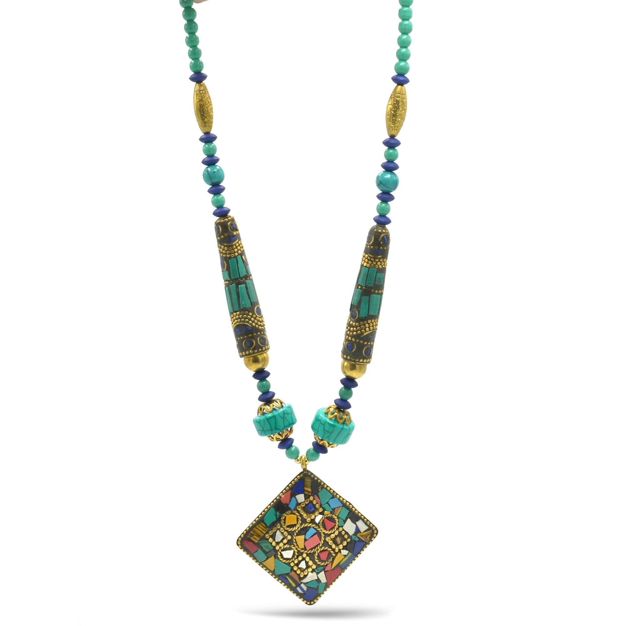 GOLD BLUE AND TURQUOISE BEADS MULTICOLOR PENDANT NECKLACE #FWNK1808-20-M