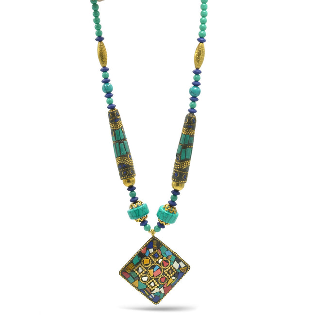 GOLD BLUE AND TURQUOISE BEADS MULTICOLOR PENDANT NECKLACE #FWNK1808-20-M