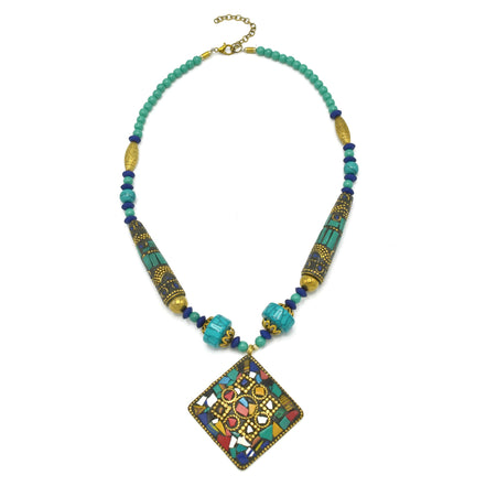GOLD BLUE AND TURQUOISE BEADS MULTICOLOR PENDANT NECKLACE #FWNK1808-20-M