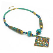 GOLD BLUE AND TURQUOISE BEADS MULTICOLOR PENDANT NECKLACE #FWNK1808-20-M