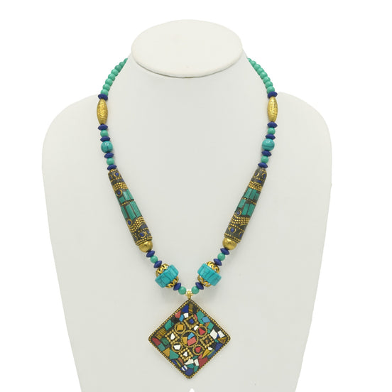 GOLD BLUE AND TURQUOISE BEADS MULTICOLOR PENDANT NECKLACE #FWNK1808-20-M