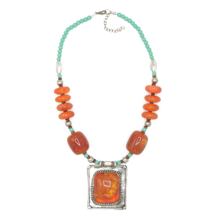Blue Orange and Silver Beads and Orange and Silver Pendant necklace #FWNK-1808-28