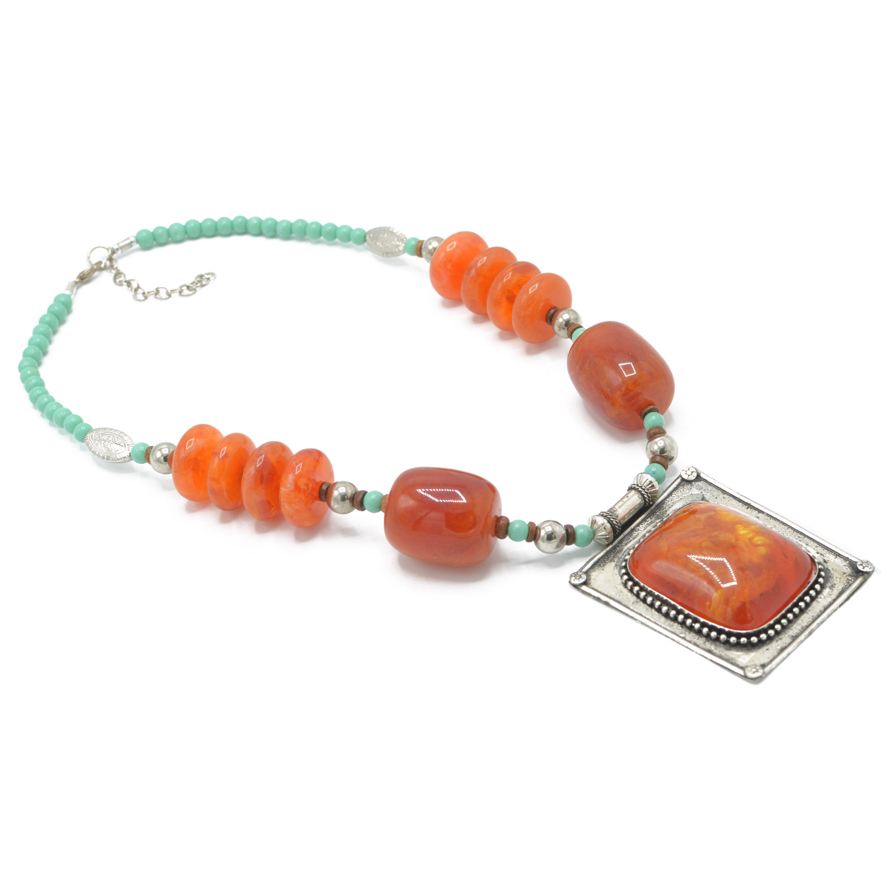 Blue Orange and Silver Beads and Orange and Silver Pendant necklace #FWNK-1808-28