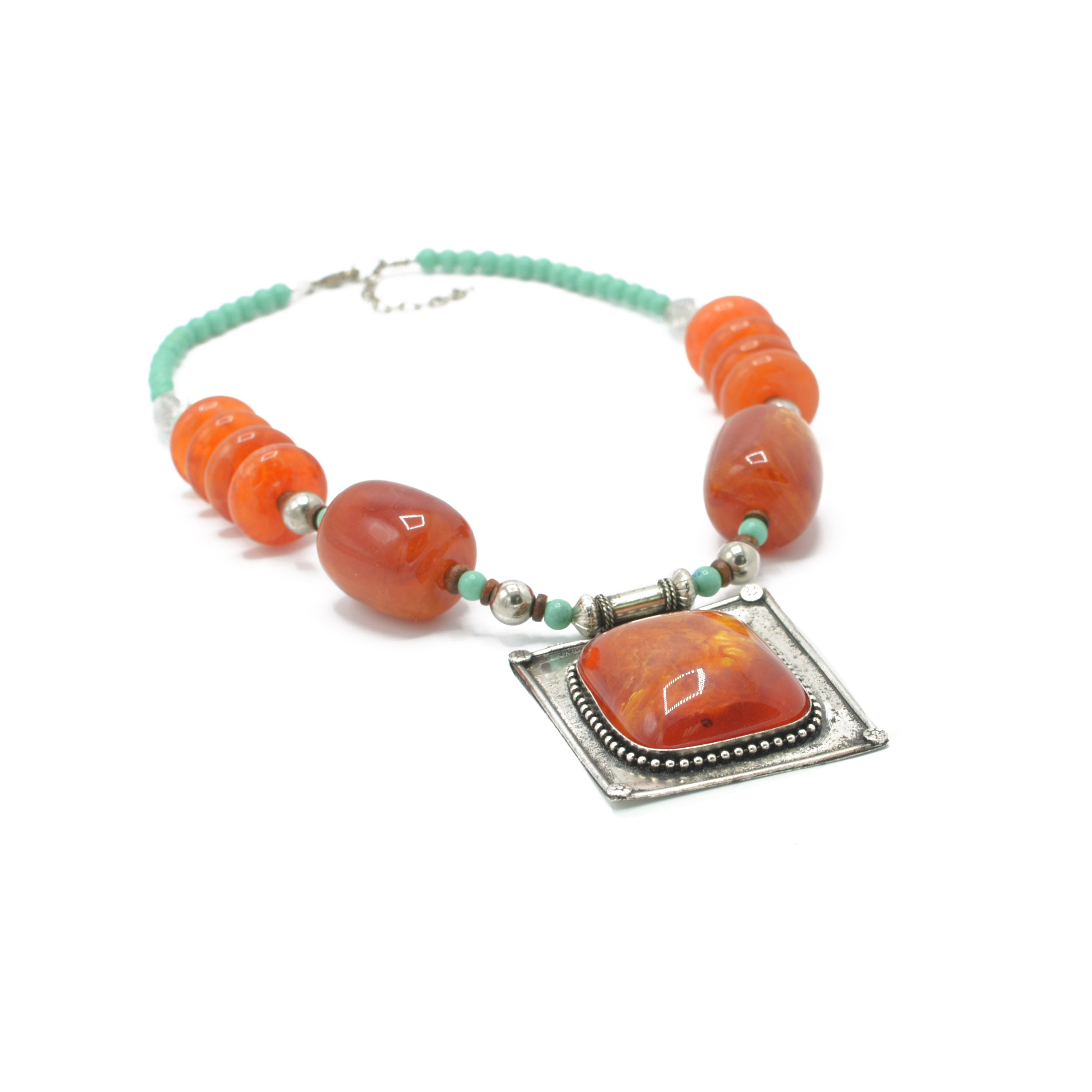 Blue Orange and Silver Beads and Orange and Silver Pendant necklace #FWNK-1808-28