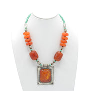 Blue Orange and Silver Beads and Orange and Silver Pendant necklace #FWNK-1808-28