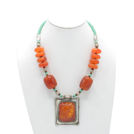 Blue Orange and Silver Beads and Orange and Silver Pendant necklace #FWNK-1808-28