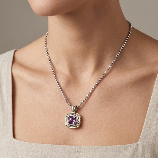TWO TONE AMETHYST CRYSTAL PENDANT BOX CHAIN NECKLACE #73014EH-AM(FD11)