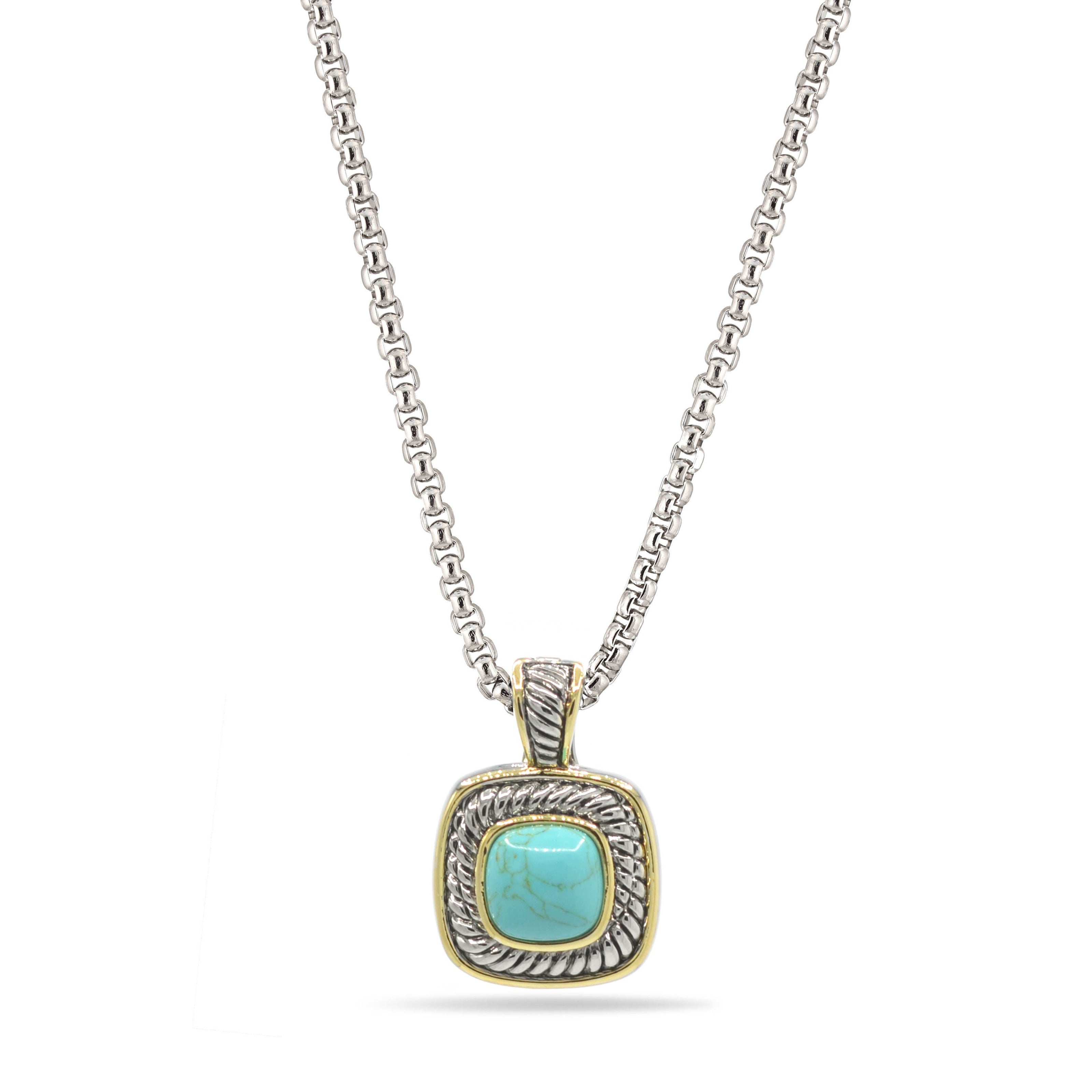 Two-Tone Turquoise Square Pendant Box Chain Necklace #73014EH-TRQ (FA25/FH13)