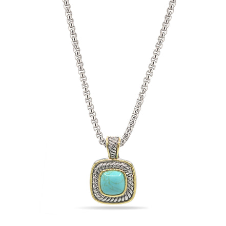 Two-Tone Turquoise Square Pendant Box Chain Necklace #73014EH-TRQ (FA25/FH13)
