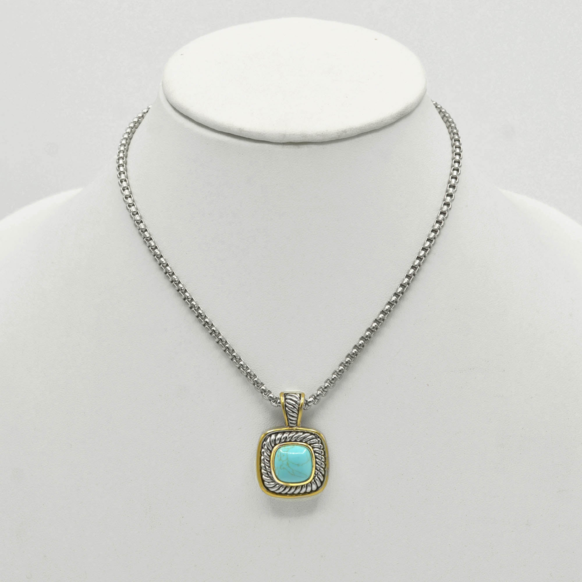 Two-Tone Turquoise Square Pendant Box Chain Necklace #73014EH-TRQ (FA25/FH13)