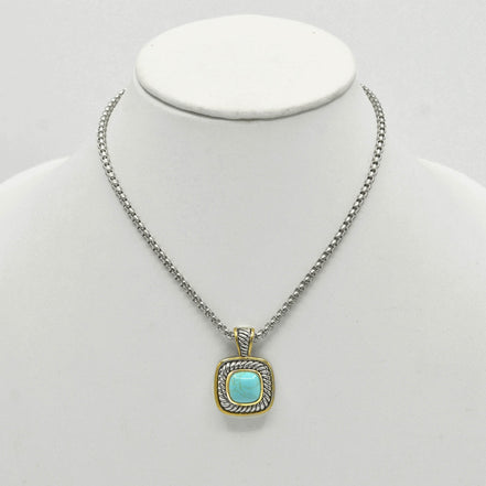 Two-Tone Turquoise Square Pendant Box Chain Necklace #73014EH-TRQ (FA25/FH13)