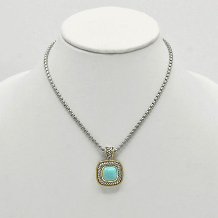 Two-Tone Turquoise Square Pendant Box Chain Necklace #73014EH-TRQ (FA25/FH13)