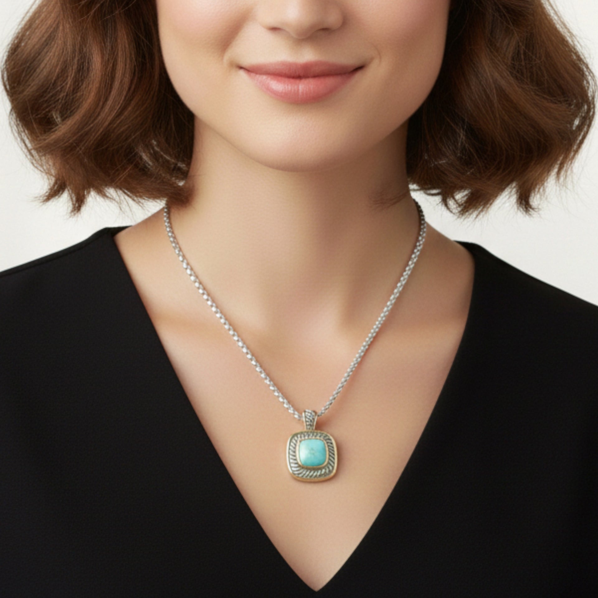 Two-Tone Turquoise Square Pendant Box Chain Necklace #73014EH-TRQ (FA25/FH13)
